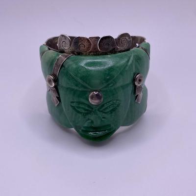 Maya Mexico Carved Green Onyx Totem Set in Sterling Silver Bracelet