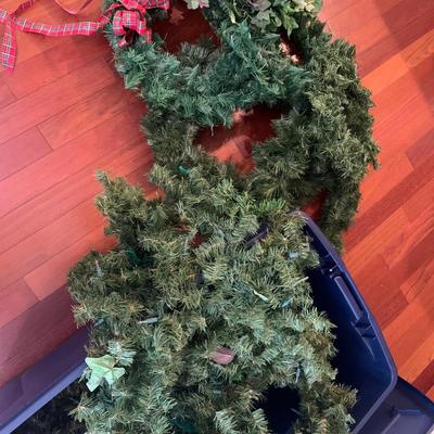 Large bin on wheels of 6 wreaths, and lite garland