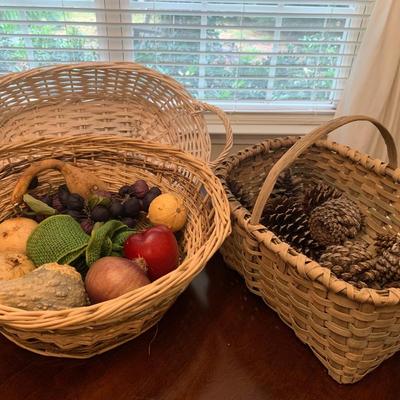 4 baskets with pine cones, gourds, decor, fruit