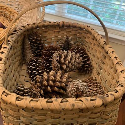 4 baskets with pine cones, gourds, decor, fruit