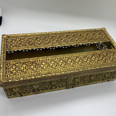 Vintage Brass filigree tissue box, felt bottom