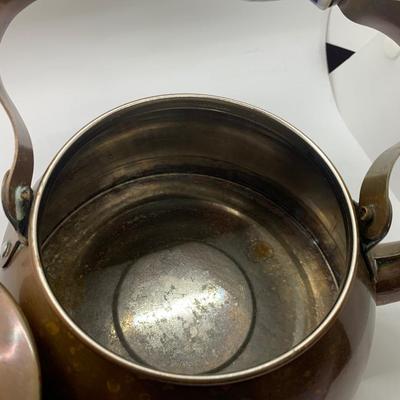 Copper teapot/kettle blue white porcelain handle and top, copper cup