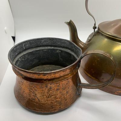 Copper teapot/kettle blue white porcelain handle and top, copper cup