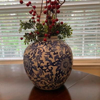 Blue & white vase- shown with red berries