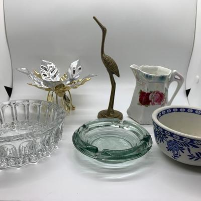German made pitcher, brass heron, gold/silver leaves, ashtray, blue/white bowl