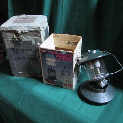 Vintage Coleman Propane Lantern and Metal Box