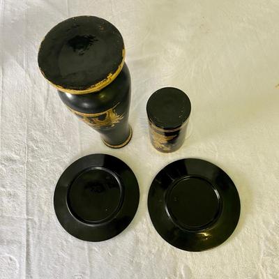 Thai Style Gold and Black Lacquer Plates and Vases (BR1-SL)