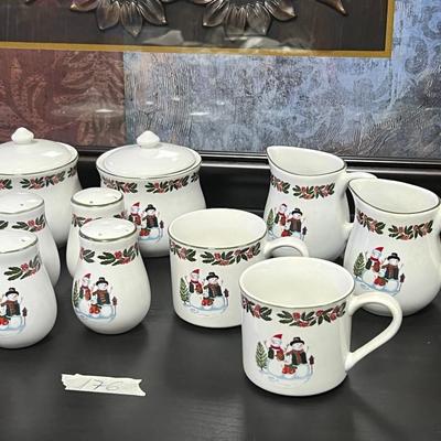 Snowman Family & Holly Christmas Holiday. Creamers, Sugar pots, Pepper And Salt and Mugs. GEI Design