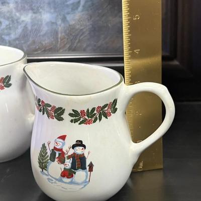 Snowman Family & Holly Christmas Holiday. Creamers, Sugar pots, Pepper And Salt and Mugs. GEI Design