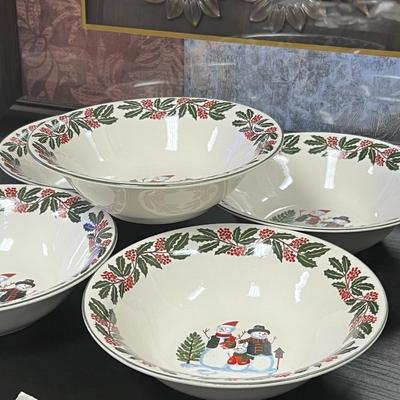 Snowman Family & Holly Christmas Holiday DEEP and Large Plates. . GEI Design