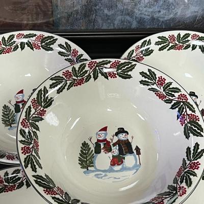 Snowman Family & Holly Christmas Holiday DEEP and Large Plates. . GEI Design