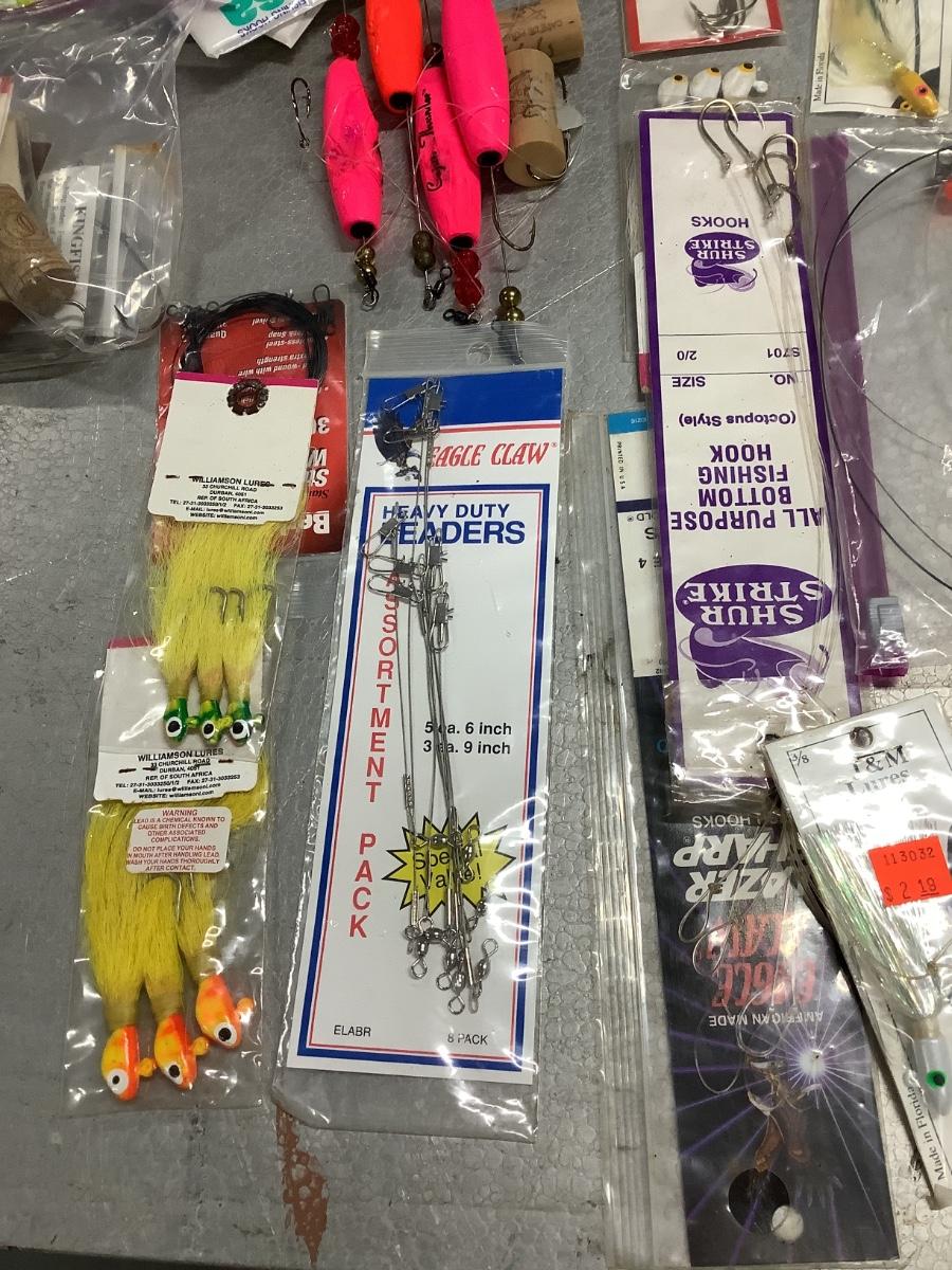 Saltwater leaders, lures, new in package squid bait, etc