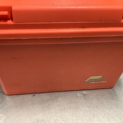 Plano fishing/tackle box w/sinkers, bobbers, line, and shrimp bait