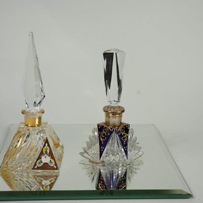 VINTAGE PERFUME BOTTLES 1950'S PURPLE FLASH GLASS & AMBER GLASS W/ENAMLLED FLORALS