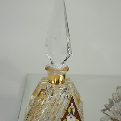 VINTAGE PERFUME BOTTLES 1950'S PURPLE FLASH GLASS & AMBER GLASS W/ENAMLLED FLORALS