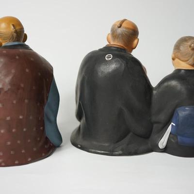 VINTAGE JAPANESE HAKATA URSAKI DOLLS. ELDERLY IN SCROLL WRITING