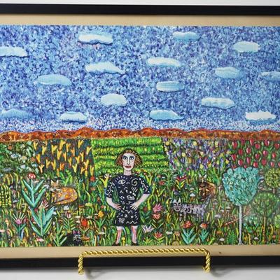 WHIMSICAL PAPER ART OIL ON PAPER OF GIRL IN GARDEN WITH CATS. IMPRESSIONALIST STYLE