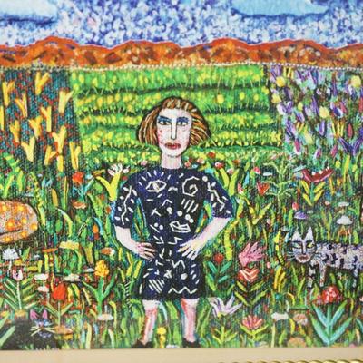 WHIMSICAL PAPER ART OIL ON PAPER OF GIRL IN GARDEN WITH CATS. IMPRESSIONALIST STYLE