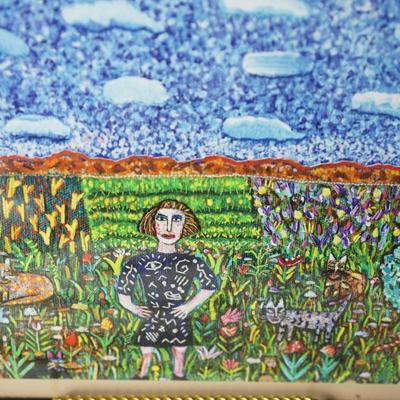 WHIMSICAL PAPER ART OIL ON PAPER OF GIRL IN GARDEN WITH CATS. IMPRESSIONALIST STYLE