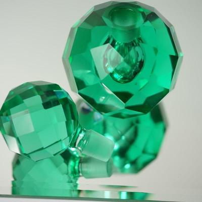 PAIR OF VINTAGE PERFUME BOTTLES, / FACET CUT IN GREEN