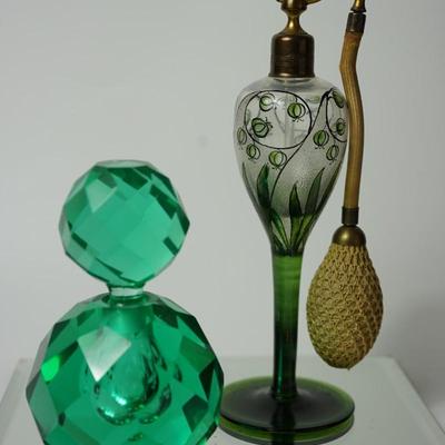 PAIR OF VINTAGE PERFUME BOTTLES, / FACET CUT IN GREEN