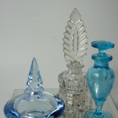 VINTAGE PERFUME BOTTLE IN BLUE AND ONE CLEAR