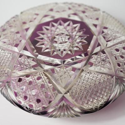 EARLY 1900'S PRESSED PATTERN GLASS /AMETHYST FLASHED JEWELRY JAR /HAND PAINTED HAT PIN HOLDER