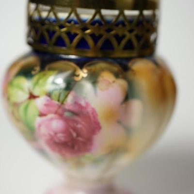 EARLY 1900'S PRESSED PATTERN GLASS /AMETHYST FLASHED JEWELRY JAR /HAND PAINTED HAT PIN HOLDER