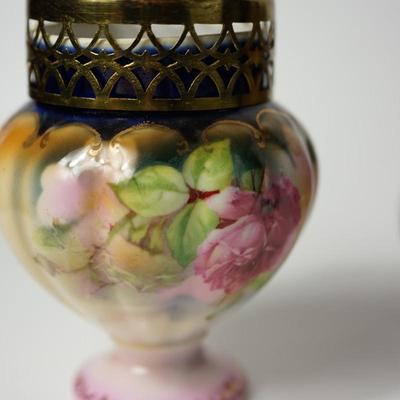 EARLY 1900'S PRESSED PATTERN GLASS /AMETHYST FLASHED JEWELRY JAR /HAND PAINTED HAT PIN HOLDER