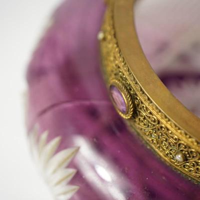 EARLY 1900'S PRESSED PATTERN GLASS /AMETHYST FLASHED JEWELRY JAR /HAND PAINTED HAT PIN HOLDER