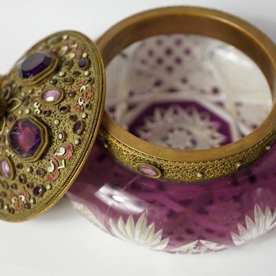 EARLY 1900'S PRESSED PATTERN GLASS /AMETHYST FLASHED JEWELRY JAR /HAND PAINTED HAT PIN HOLDER