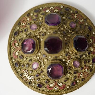 EARLY 1900'S PRESSED PATTERN GLASS /AMETHYST FLASHED JEWELRY JAR /HAND PAINTED HAT PIN HOLDER