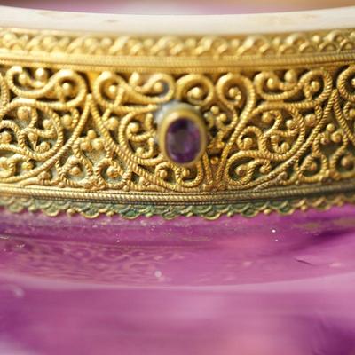 EARLY 1900'S PRESSED PATTERN GLASS /AMETHYST FLASHED JEWELRY JAR /HAND PAINTED HAT PIN HOLDER