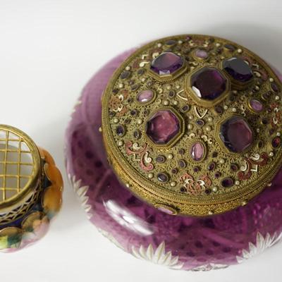 EARLY 1900'S PRESSED PATTERN GLASS /AMETHYST FLASHED JEWELRY JAR /HAND PAINTED HAT PIN HOLDER