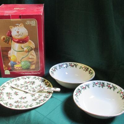 Holiday Cookie Jar, Cake Plate and Bowls