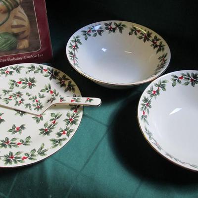 Holiday Cookie Jar, Cake Plate and Bowls
