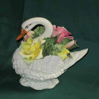 Vintage Capodiamonte Swan with Flower Boquet