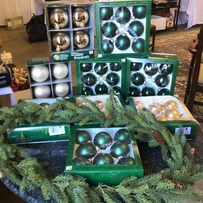 1690 Set of Glass Ornaments and Artificial Pine Garland