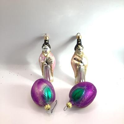 1711 Four Vintage Asian Women and Plum Glass Ornaments