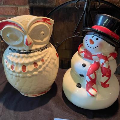 Vintage painted owl and A H co. snowman cookie jar