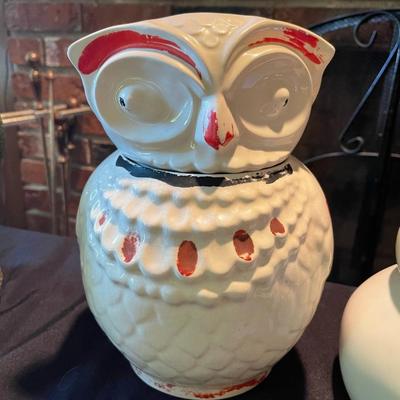 Vintage painted owl and A H co. snowman cookie jar