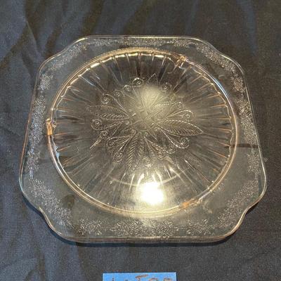 Vintage Pink Etched Depression Glass Platter + dish w/ lid. 