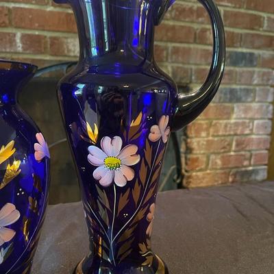 Pair of Stunning Cobalt Blue Handpainted Pitcher and Vase