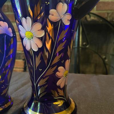 Pair of Stunning Cobalt Blue Handpainted Pitcher and Vase