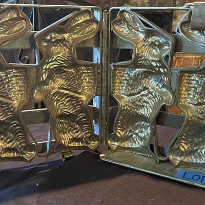 1863 Antique double chocolate mold with Easter Bunnies holding baskets 
