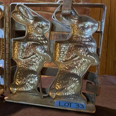 1863 Antique double chocolate mold with Easter Bunnies holding baskets 