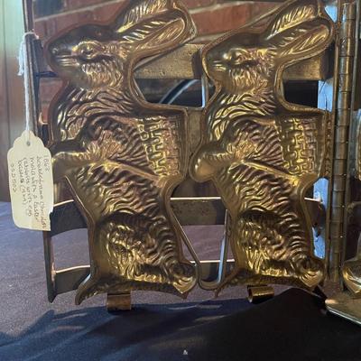 1863 Antique double chocolate mold with Easter Bunnies holding baskets 