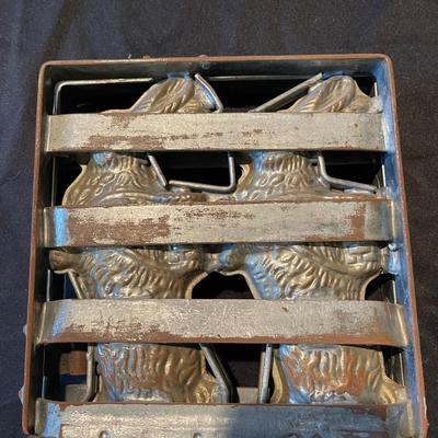 1863 Antique double chocolate mold with Easter Bunnies holding baskets 