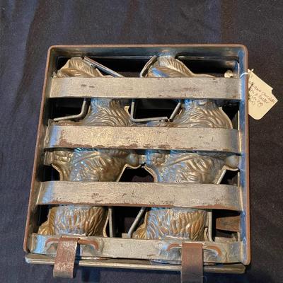 1863 Antique double chocolate mold with Easter Bunnies holding baskets 