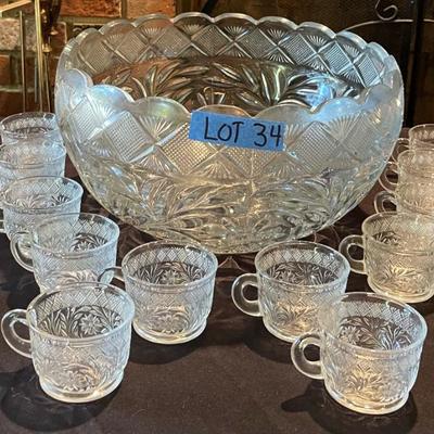 (19 piece)  Etched Glass Punch Bowl & Glasses 